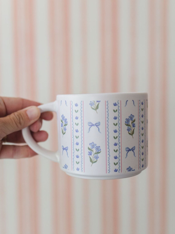 Blue Floral & Coquette Bows Large Ceramic Coffee Mug , 1 of 4