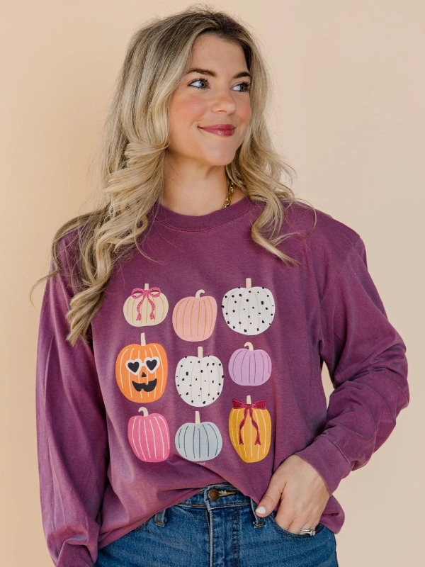 Fall Pumpkins & Coquette Bows Long-Sleeve Tee - Berry, 1 of 3