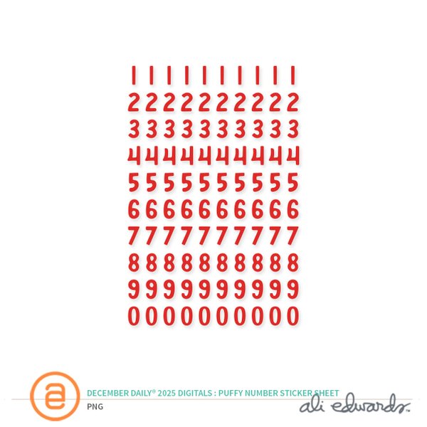 December Daily® 2025 Digital Red Puffy Numbers Sticker Sheet, 1 of 1