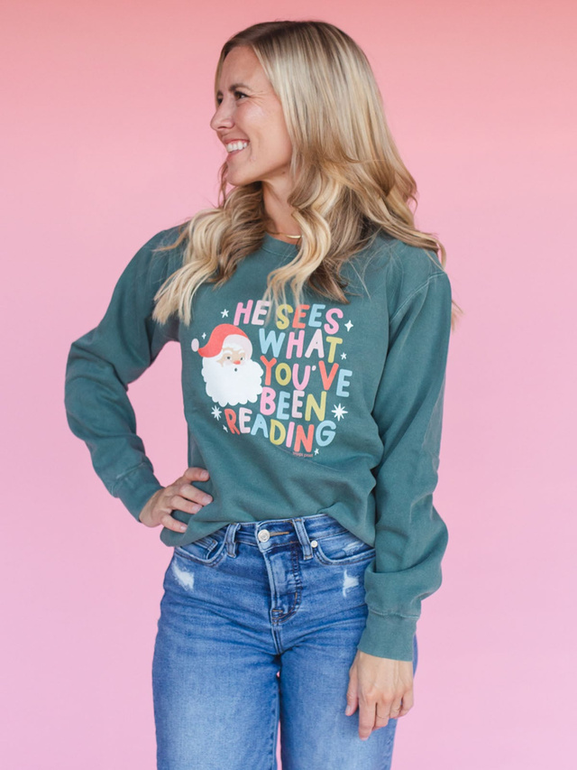 Santa What You've Been Reading Christmas Sweatshirt - Blue Spruce, 2 of 4