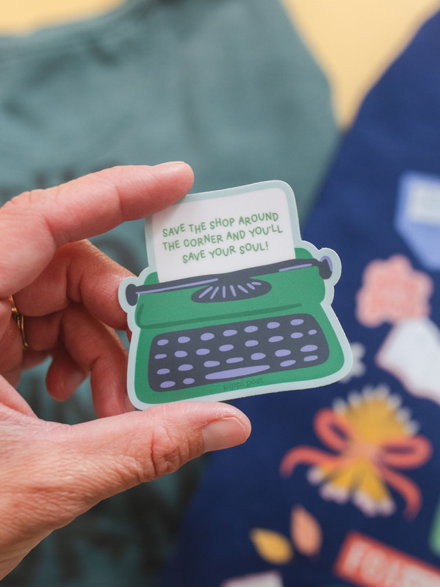 Save The Shop Around the Corner Typewriter Decal Sticker, 1 of 2