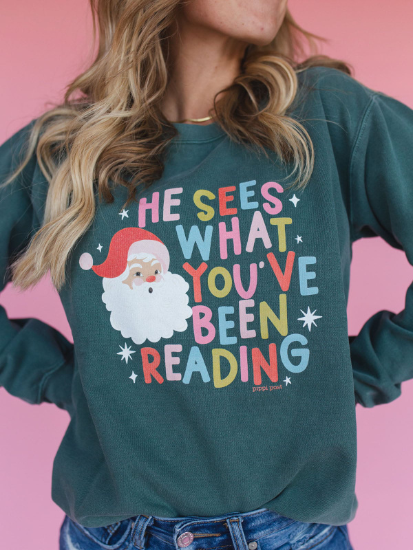 Santa What You've Been Reading Christmas Sweatshirt - Blue Spruce, 3 of 4