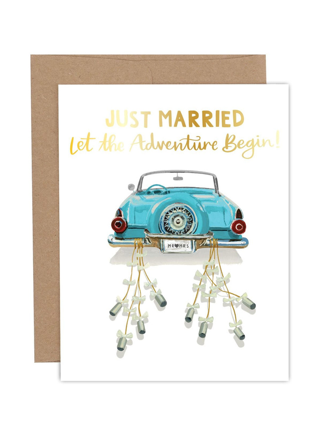 Just Married Congratulations + Wedding Greeting Card, 1 of 1