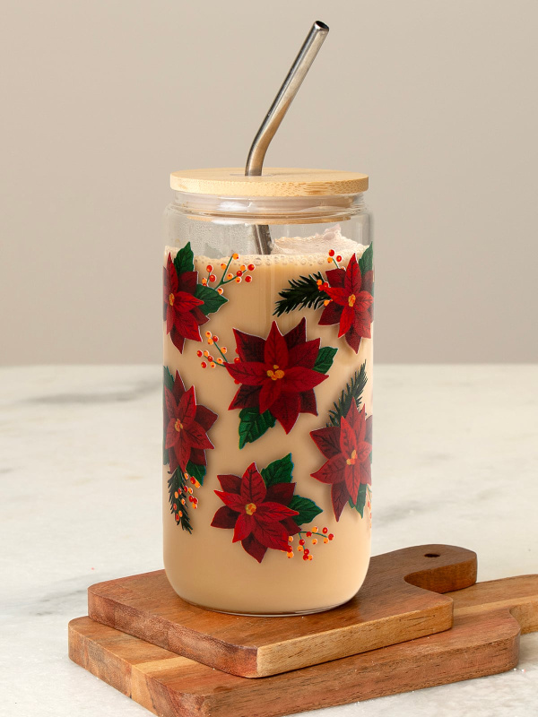 Poinsettias Holiday 16oz Glass Can, 1 of 4