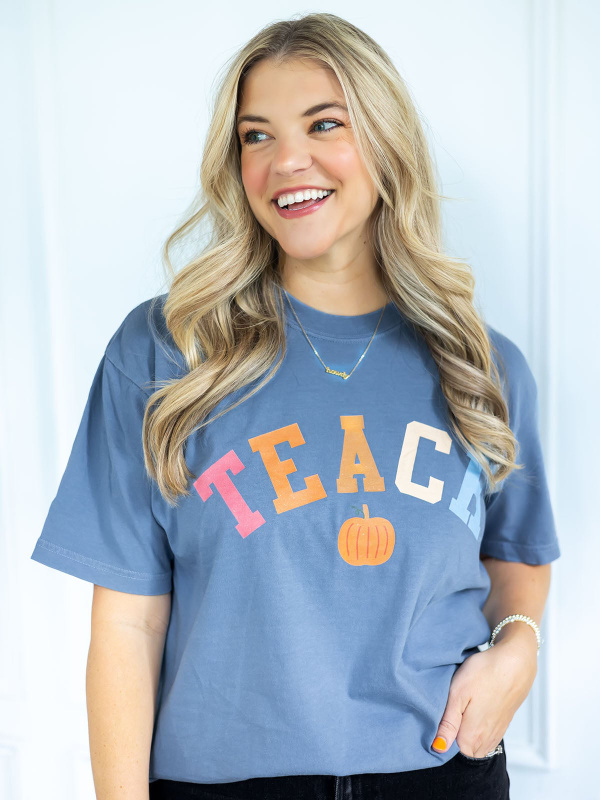 Fall Pumpkin Teach Tee - Blue Jean, 2 of 3