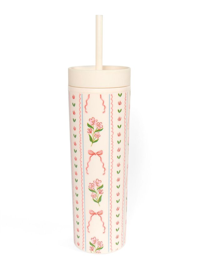 Pink Floral & Coquette Bows 16oz Skinny Acrylic Tumbler - Cream, 3 of 3