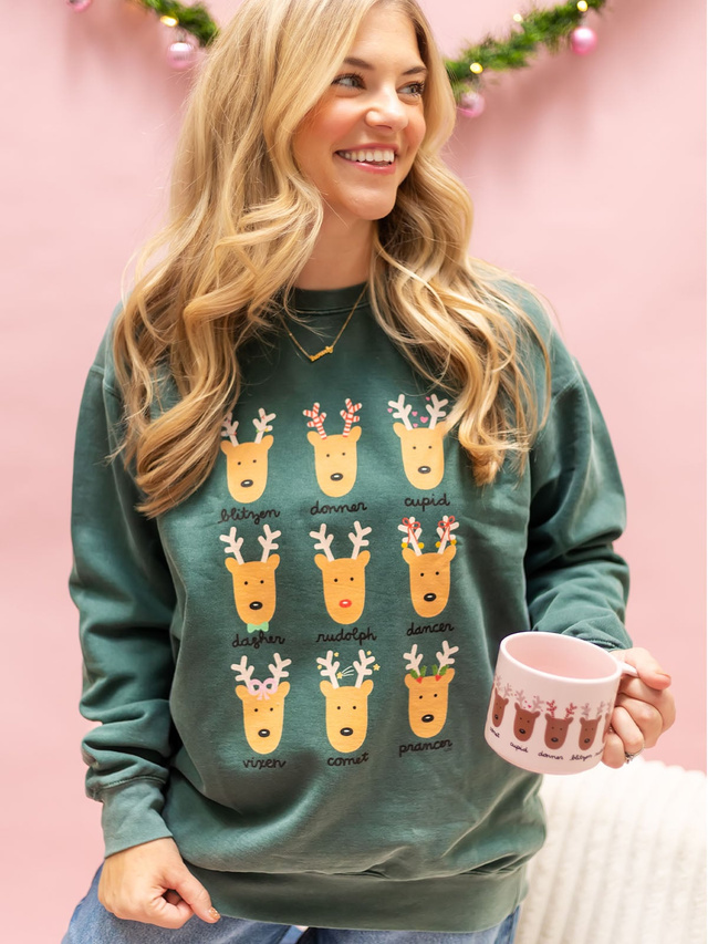 Reindeer Christmas Sweatshirt - Blue Spruce, 1 of 3