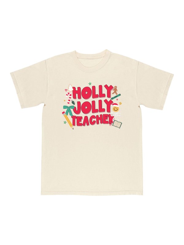 Holly Jolly Teacher Christmas Tee - Ivory, 1 of 1