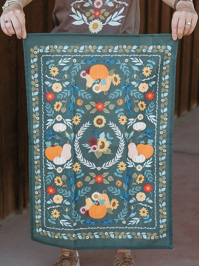 Pumpkin Folk Floral Fall Tea Towel, 2 of 4