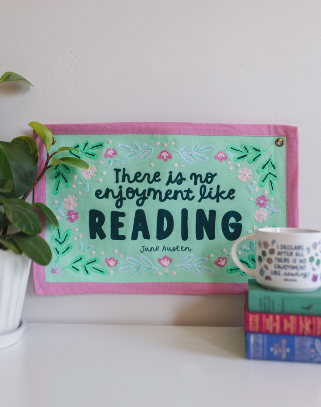 Reading Pride and Prejudice Embroidered Canvas Banner, 1 of 4