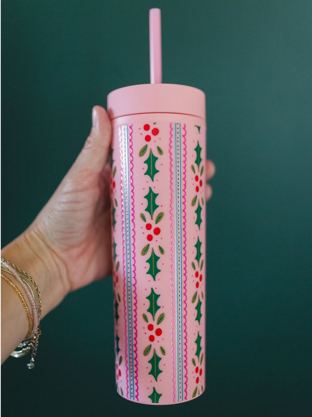 Holly Christmas 16oz Skinny Acrylic Tumbler - Pink, 1 of 3