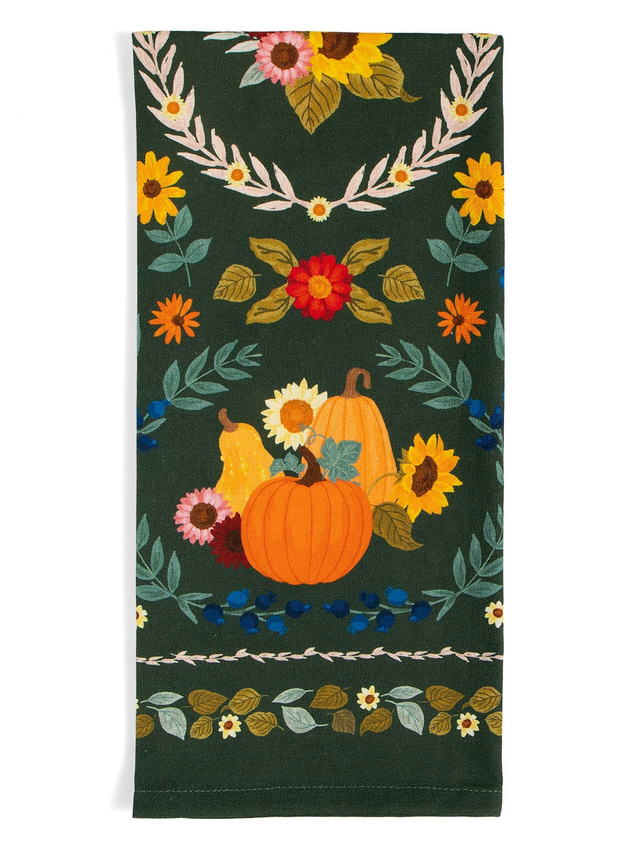 Pumpkin Folk Floral Fall Tea Towel, 1 of 4