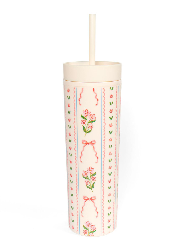 Pink Floral & Coquette Bows 16oz Skinny Acrylic Tumbler - Cream, 3 of 3