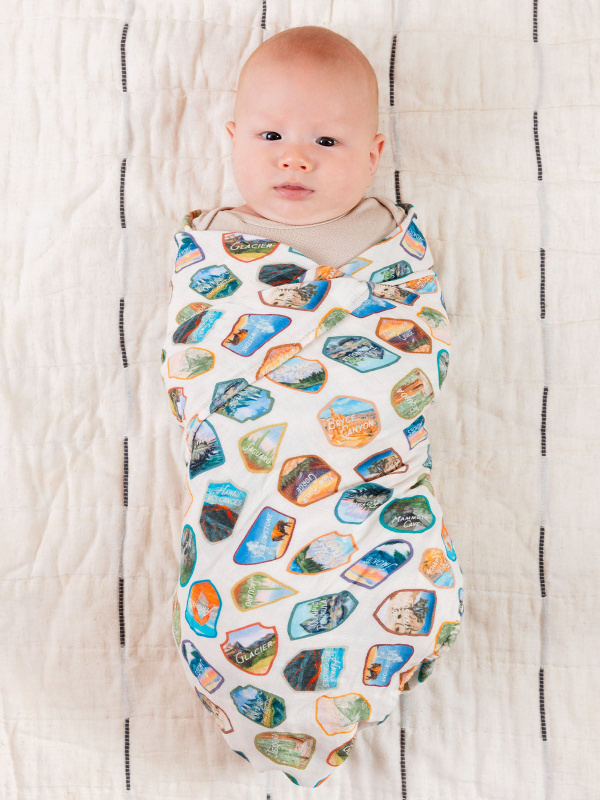 National Park Badges Muslin Baby Swaddle Blanket, 1 of 6