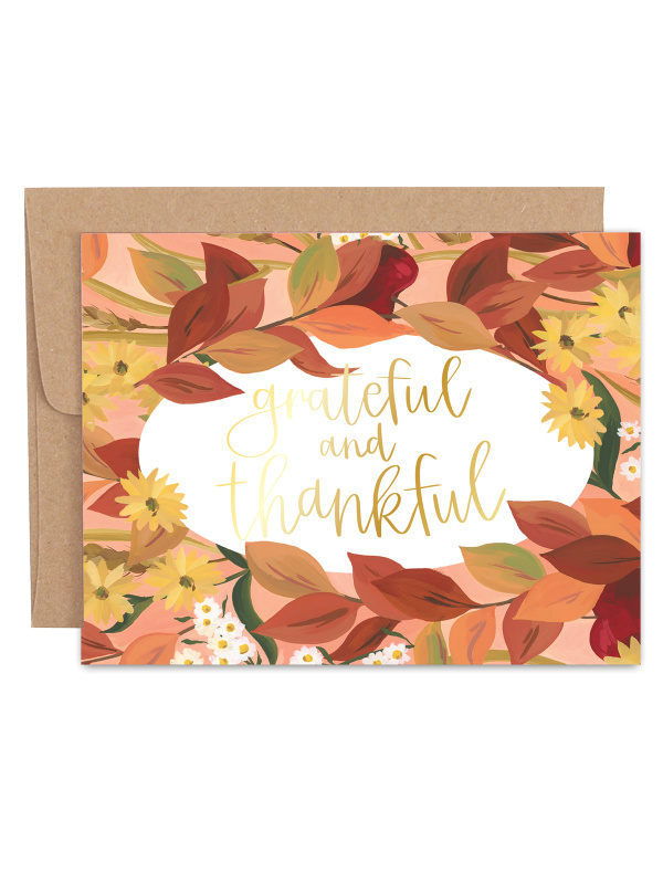 Grateful & Thankful Thanksgiving Leaves Greeting Card, 1 of 1