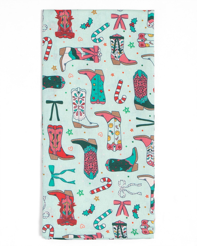 Christmas Western Cowgirl Boots Tea Towel, 1 of 3