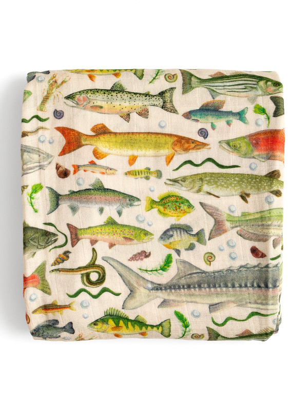 Freshwater Fish Muslin Baby Swaddle Blanket, 1 of 2