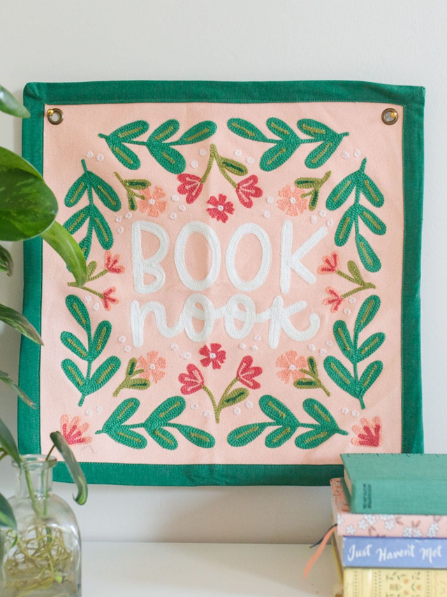 Book Nook Embroidered Canvas Banner, 1 of 4