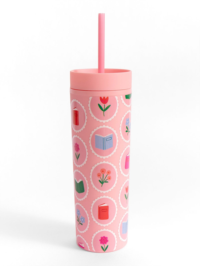 Book Lover Floral 16oz Skinny Acrylic Tumbler - Pink, 4 of 4
