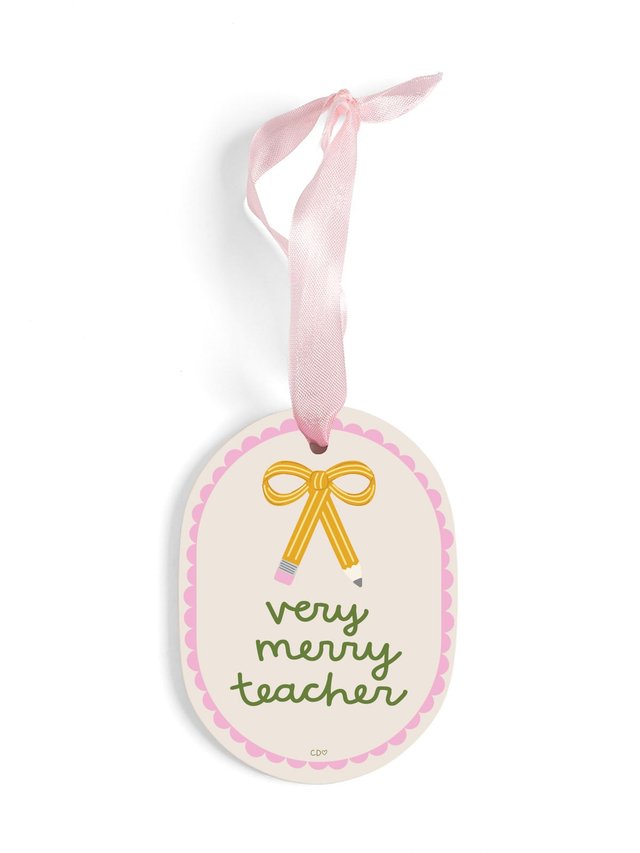 Very Merry Teacher Pencil Bow Ceramic Christmas Ornament, 2 of 2
