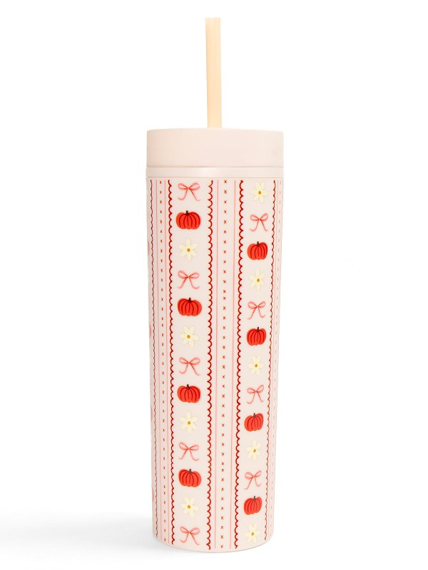 Pumpkins, Bows & Florals Fall 16oz Skinny Acrylic Tumbler - Cream, 4 of 4
