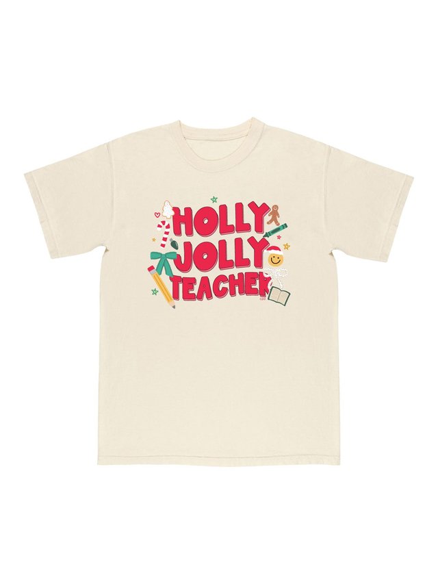 Holly Jolly Teacher Christmas Tee - Ivory, 1 of 1