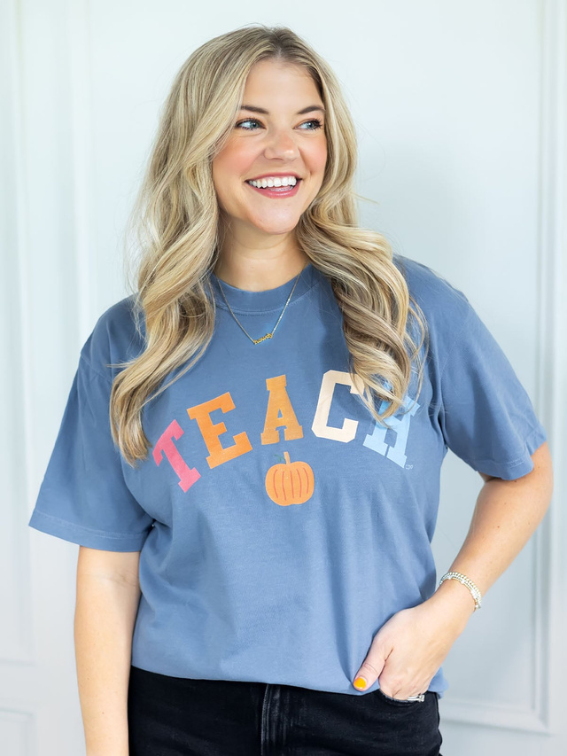 Fall Pumpkin Teach Tee - Blue Jean, 1 of 3