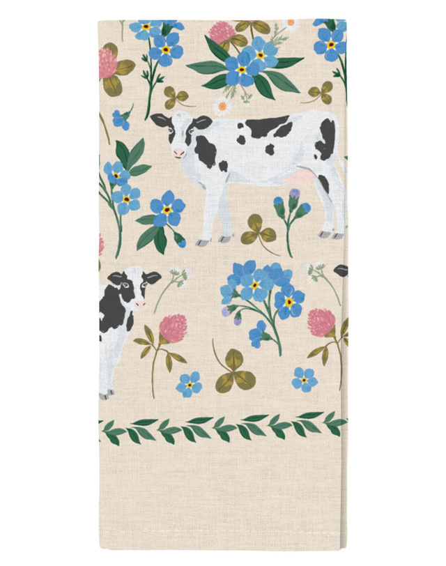 Milk Cows Folk Floral Tea Towel, 1 of 4