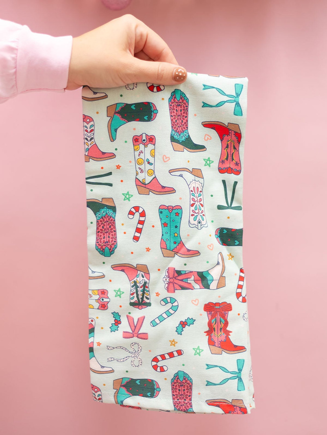 Christmas Western Cowgirl Boots Tea Towel, 2 of 3