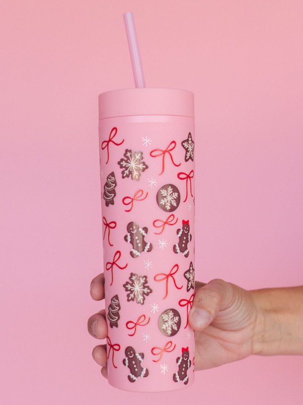 Gingerbread Cookies Christmas 16oz Skinny Acrylic Tumbler - Pink, 1 of 3