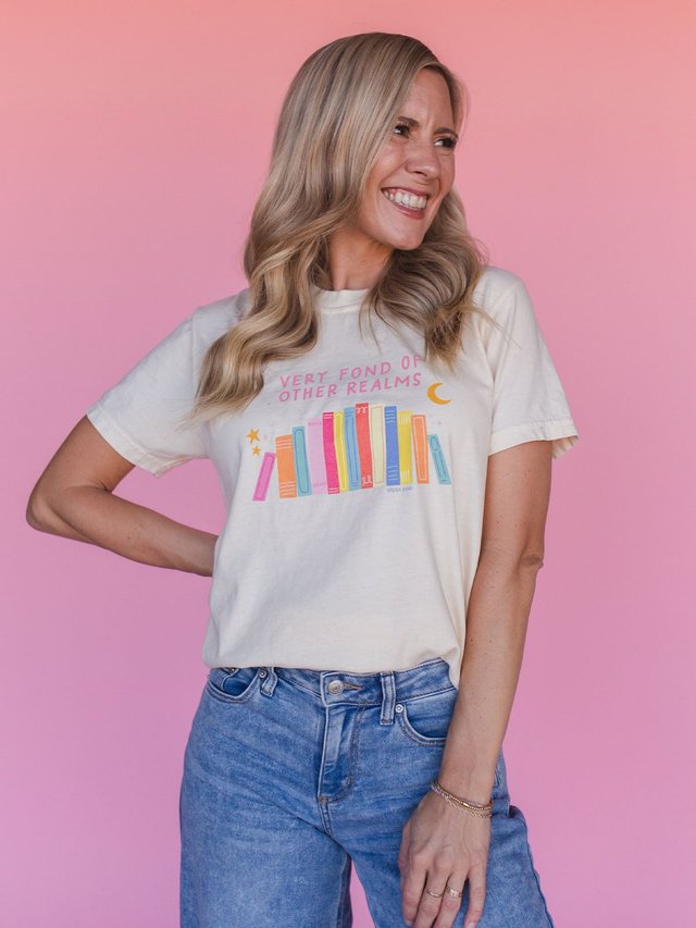Very Fond of Other Realms Romantasy Bookshelf Tee - Ivory, 1 of 4