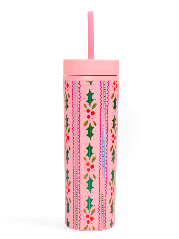Holly Christmas 16oz Skinny Acrylic Tumbler - Pink, 3 of 3