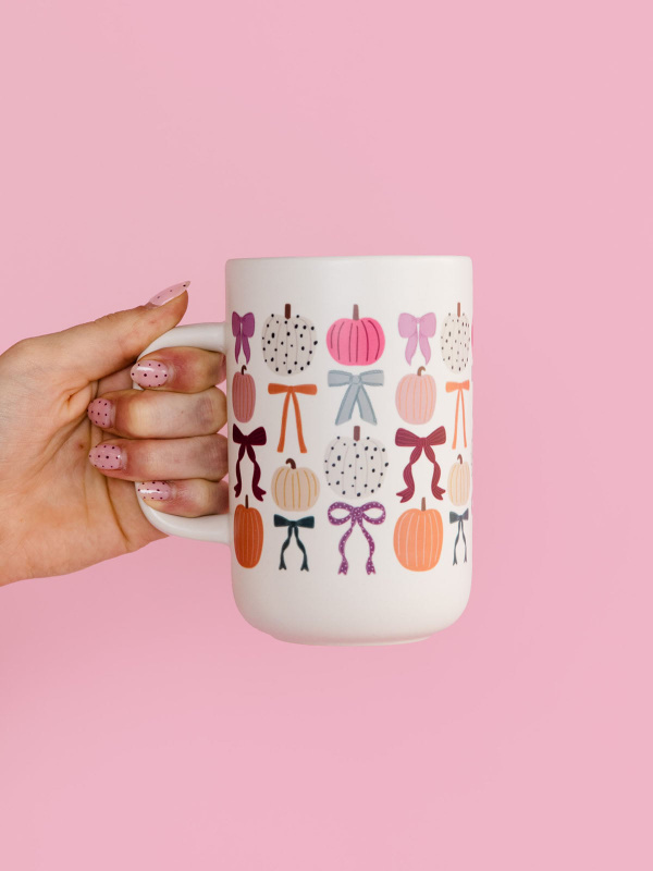 Fall Pumpkins & Coquette Bows Tall Ceramic Mug, 1 of 3