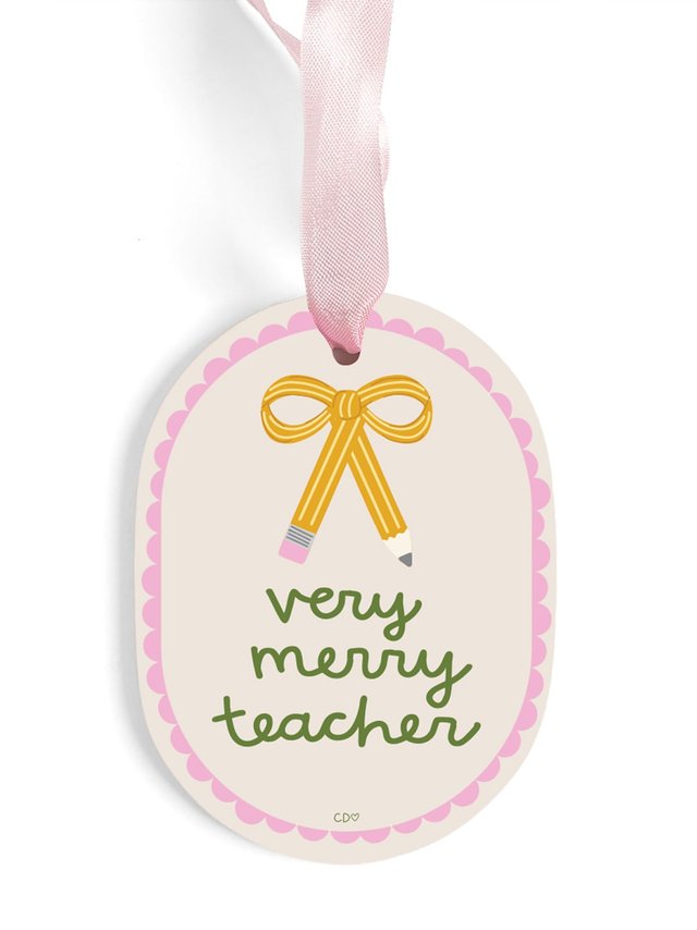 Very Merry Teacher Pencil Bow Ceramic Christmas Ornament, 1 of 2