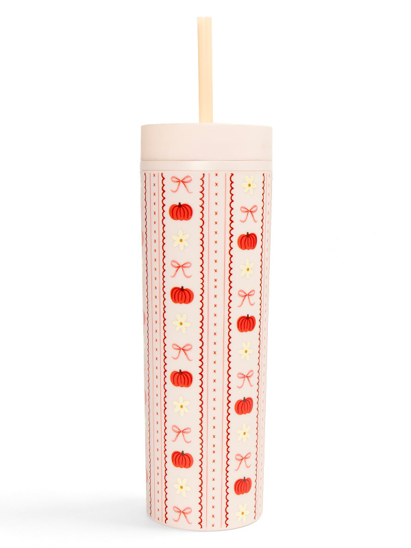 Pumpkins, Bows & Florals Fall 16oz Skinny Acrylic Tumbler - Cream, 4 of 4