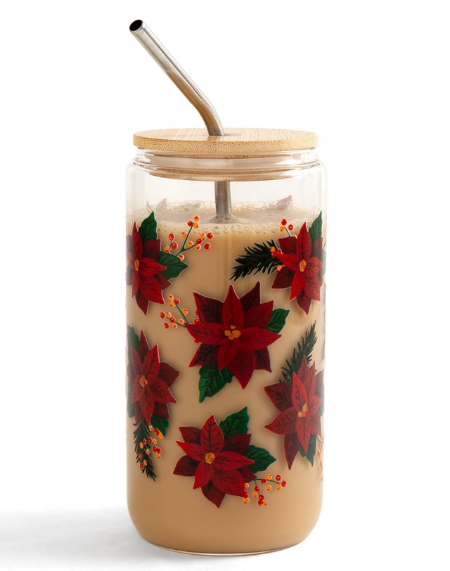 Poinsettias Holiday 16oz Glass Can, 3 of 4