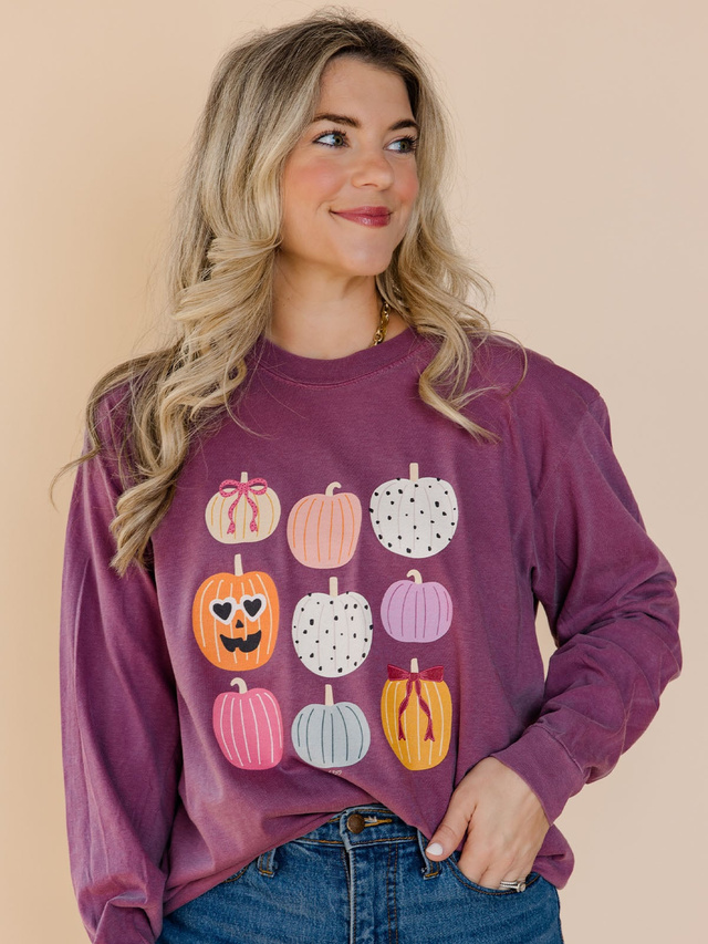 Fall Pumpkins & Coquette Bows Long-Sleeve Tee - Berry, 1 of 3