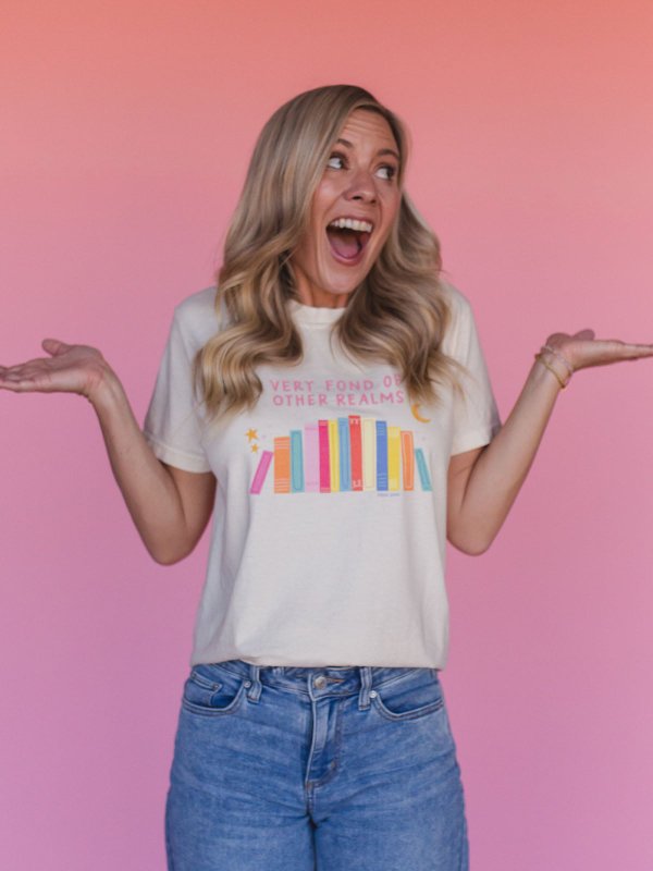 Very Fond of Other Realms Romantasy Bookshelf Tee - Ivory, 3 of 4
