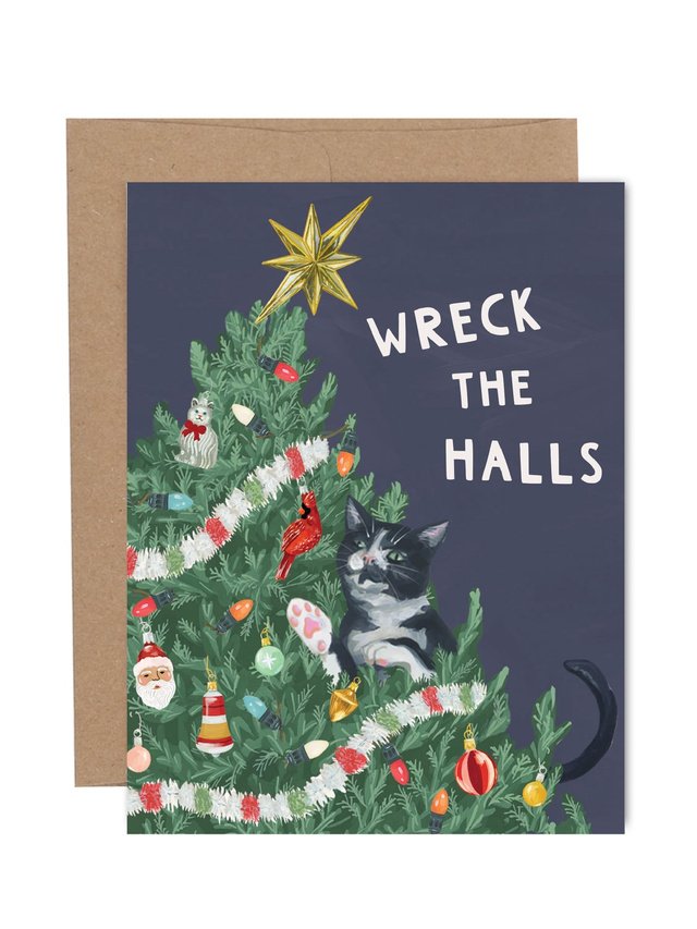 Wreck The Halls Cat Christmas Greeting Card, 1 of 1