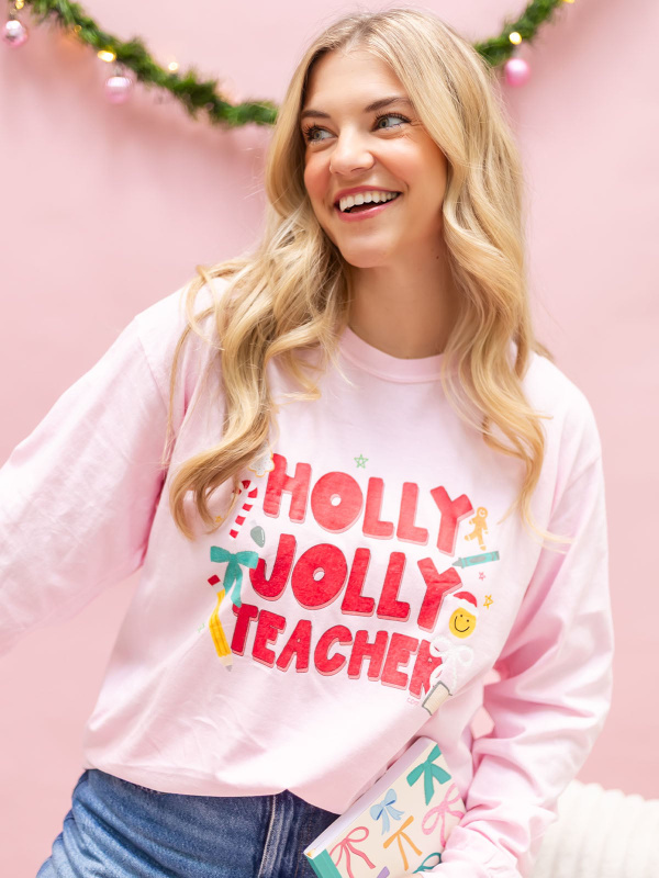 Holly Jolly Teacher Christmas Long-Sleeve Tee - Blossom, 1 of 3