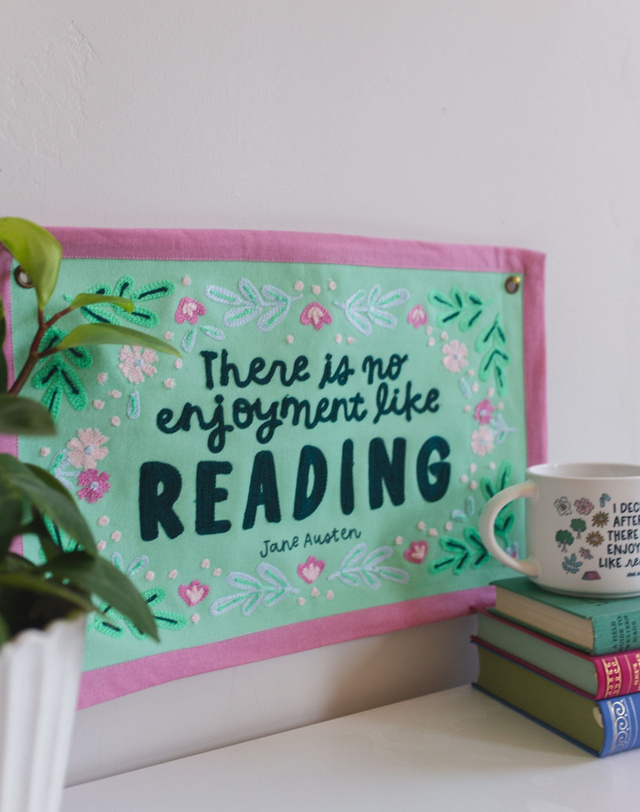 Reading Pride and Prejudice Embroidered Canvas Banner, 2 of 4