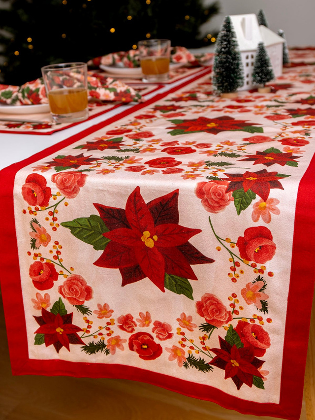 Yuletide Blooms Poinsettia Christmas Tablecloth Runner, 1 of 3