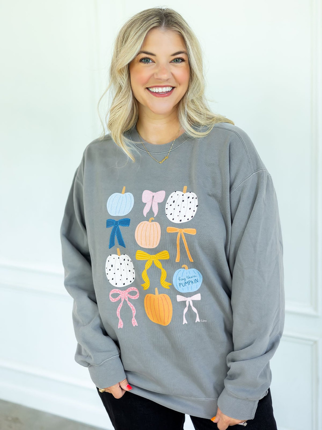 Fall Pumpkins & Coquette Bows Sweatshirt - Gray, 1 of 3