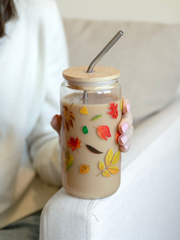 Fallen Leaves Autumn 16oz Glass Can, 1 of 4