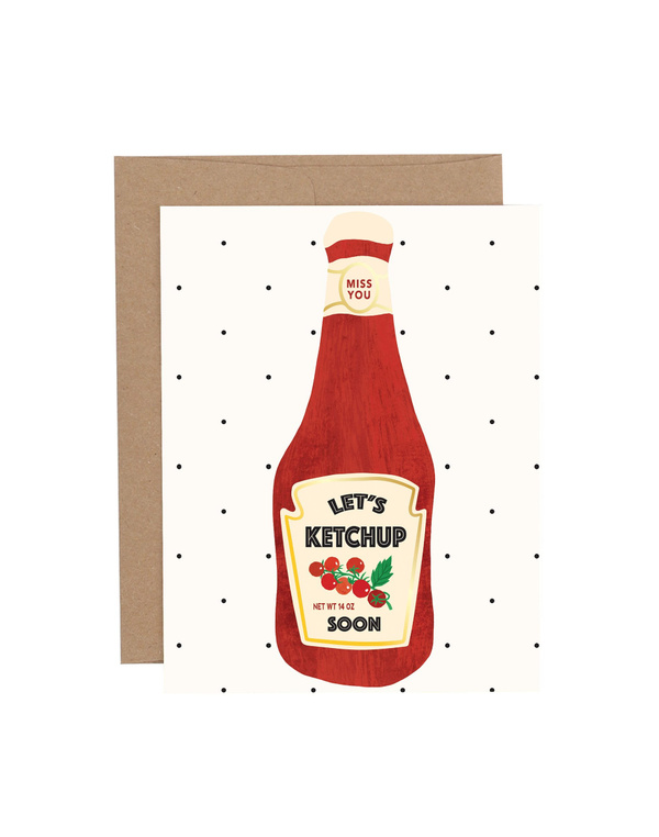 Miss You Ketchup Bottle Tomato Greeting Card, 1 of 2