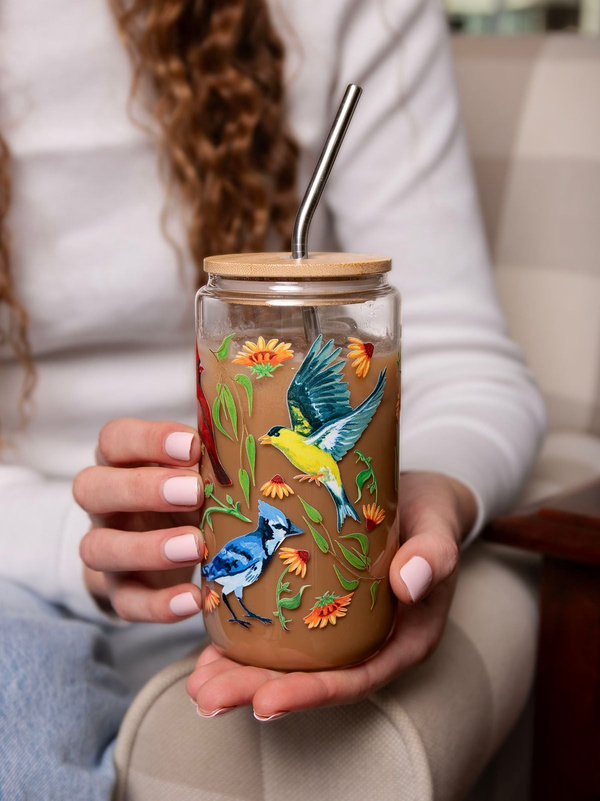 Feathered Friends Birds & Florals Glass Can, 1 of 5