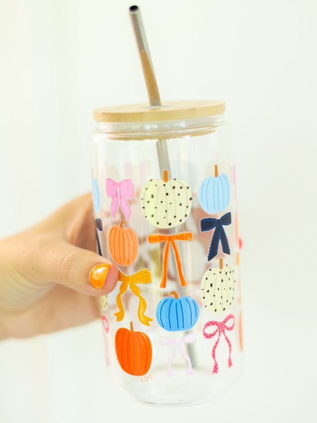 Fall Pumpkins & Coquette Bows Glass Can, 3 of 6