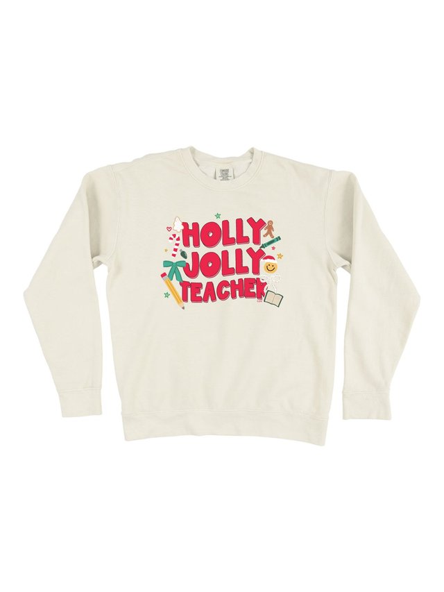 Holly Jolly Teacher Christmas Sweatshirt - Ivory, 1 of 1