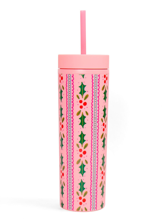 Holly Christmas 16oz Skinny Acrylic Tumbler - Pink, 3 of 3