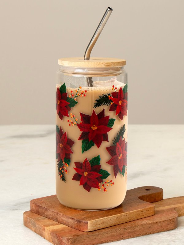 Poinsettias Holiday 16oz Glass Can, 1 of 4